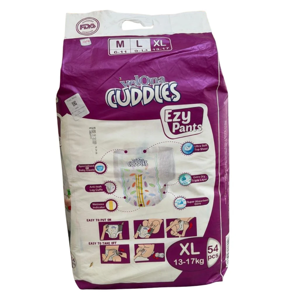 Velona Cuddles Ezy Pants diaper pants in size XL, containing 54 pieces for toddlers weighing 13-17kg, featuring a purple and white packaging with an image of a standing toddler.