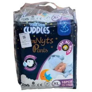 Velona Cuddles overnight diaper pants in size XL, containing 16 pieces for toddlers weighing 13-17kg, featuring a dark starry night theme with an image of a sleeping baby on the front packaging.