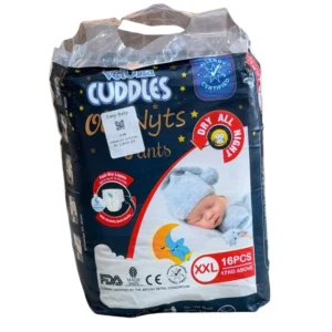 A pack of Velona Cuddles Overnyts overnight diaper pants in XXL size (16 pieces) for babies 17kg and above, featuring a dark blue starry night design and a sleeping baby.