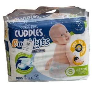 A jumbo pack of Velona Cuddles Overnyts Ultra Slim tape-style diapers in size Small (S) with 28 pieces, suitable for infants weighing 3 to 8 kg.