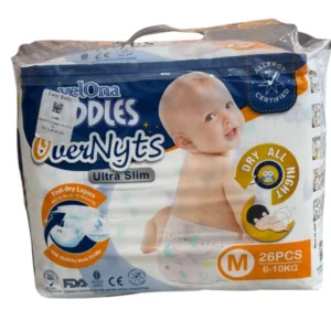 A jumbo pack of orange and blue Velona Cuddles Overnyts Ultra Slim tape-style diapers in size Medium (M) with 26 pieces, suitable for babies weighing 6 to 10 kg.