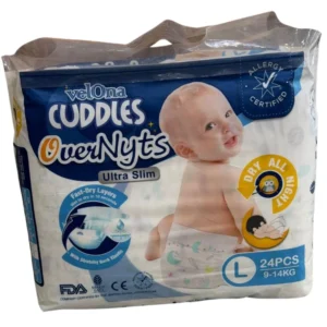 A jumbo pack of Velona Cuddles Overnyts Ultra Slim tape-style diapers in size Small (S) with 28 pieces, suitable for infants weighing 3 to 8 kg.