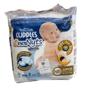 A pack of blue and gold-brown Velona Cuddles Overnyts Ultra Slim tape-style diapers in size Newborn (NB) containing 20 pieces, designed for infants weighing under 5 kg.