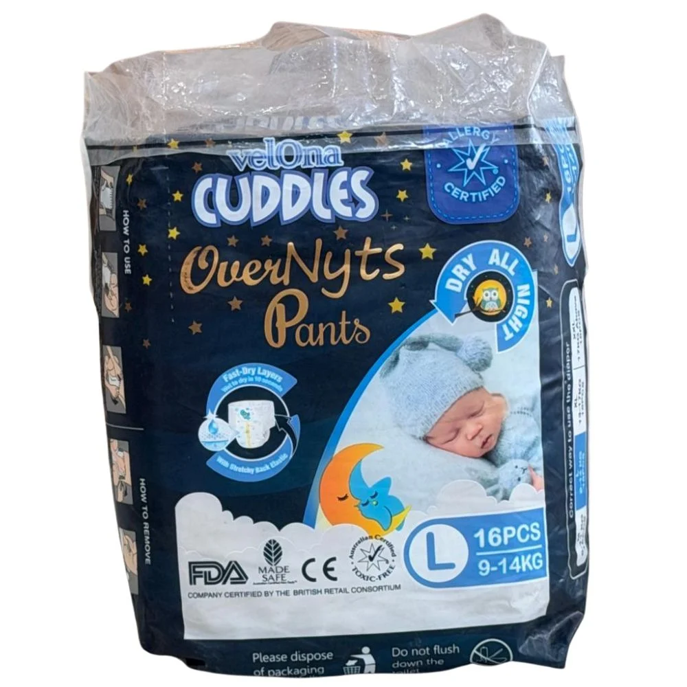 A package of Velona Cuddles Overnyts overnight diaper pants in size Large (L) containing 16 pieces, for babies weighing 9 to 14 kg, with a dark blue starry night theme.