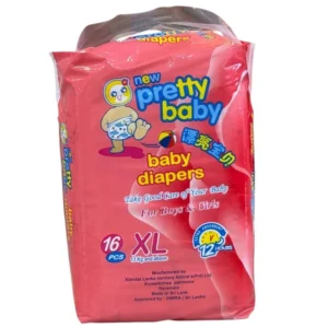 "Package of New Pretty Baby disposable diapers, Extra Large size (XL), 16-piece pack, suitable for toddlers 13 kg and above, manufactured in Sri Lanka."