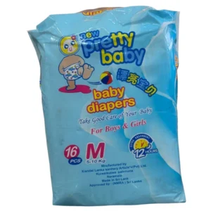 "Package of New Pretty Baby disposable diapers, Medium size (M), 16-piece pack, suitable for 5-10 kg infants, manufactured in Sri Lanka."