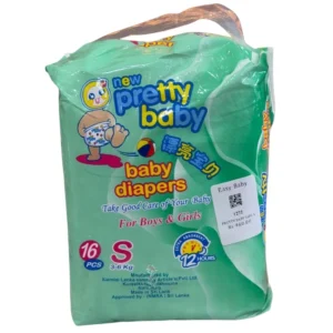 Package of New Pretty Baby disposable diapers, Small size (S), 16-piece pack, suitable for 3-6 kg infants, manufactured in Sri Lanka.
