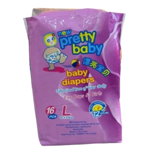"Package of New Pretty Baby disposable diapers, Large size, 16-piece pack for 9-13 kg babies."